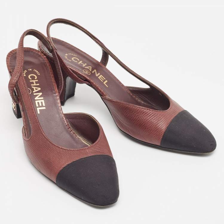 Pre Owned Chanel Burgundy Lizard Embossed CC Cap Toe Pumps Size 37 