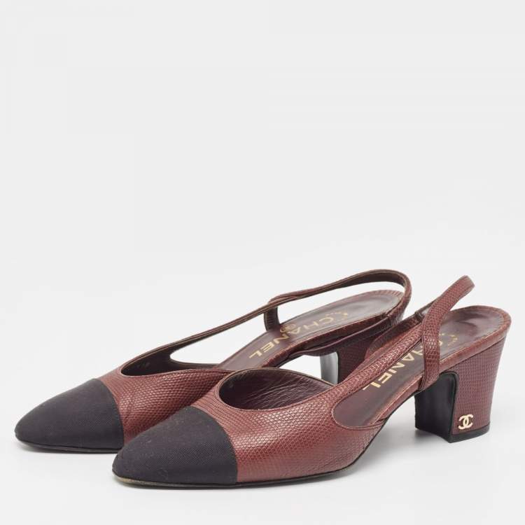 Pre Owned Chanel Burgundy Lizard Embossed CC Cap Toe Pumps Size 37 