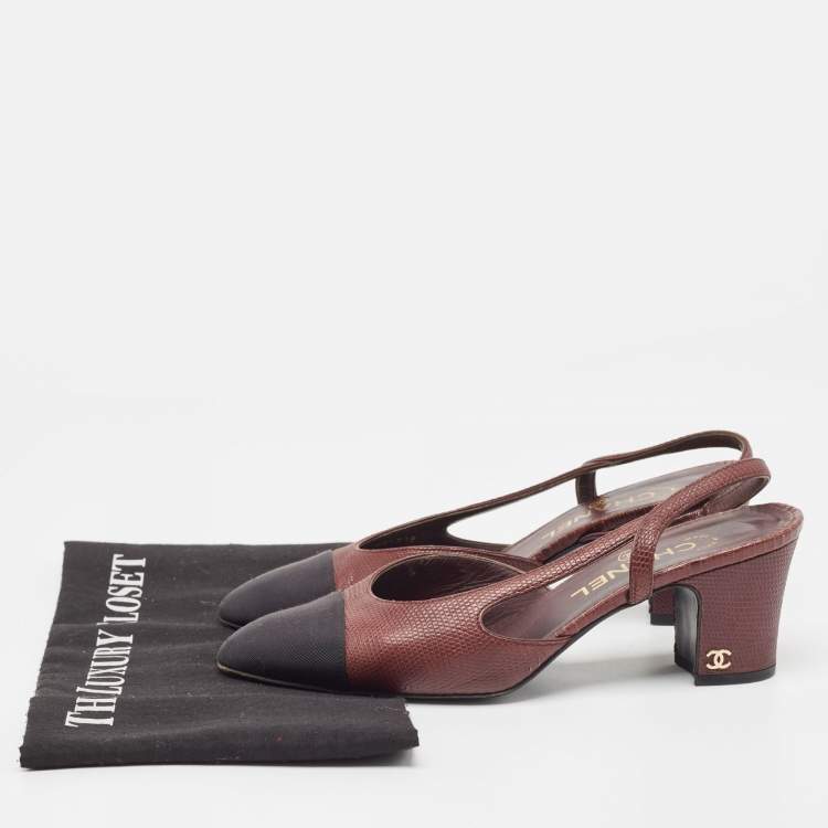 Pre Owned Chanel Burgundy Lizard Embossed CC Cap Toe Pumps Size 37 