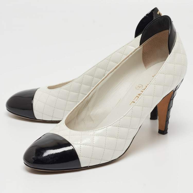 Pre Owned Chanel White/black Leather and Patent  Cap Toe Pumps Size 40