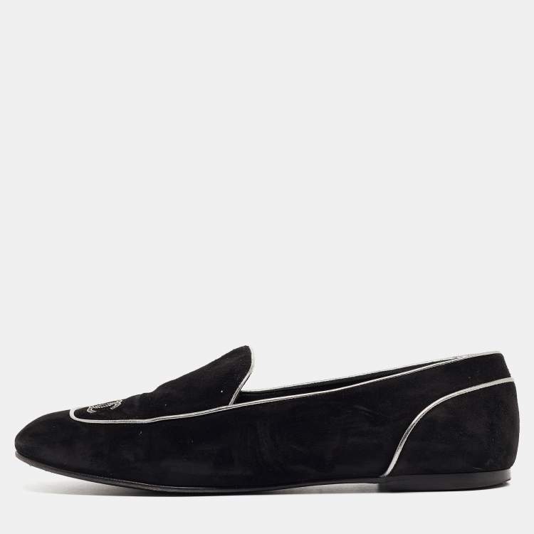 Pre Owned Chanel Black Suede CC Embellished Smoking Slippers Size 41