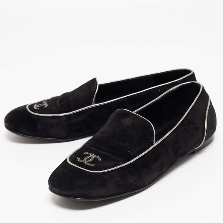 Pre Owned Chanel Black Suede CC Embellished Smoking Slippers Size 41