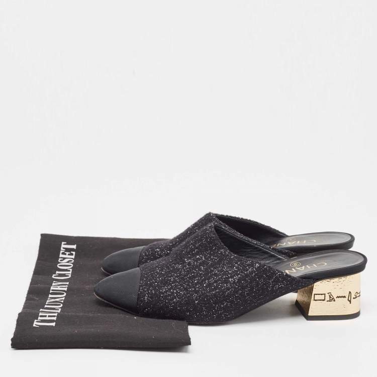 Pre Owned Chanel Black Tweed and Fabric Cap Toe Block Heel Mules Size 38