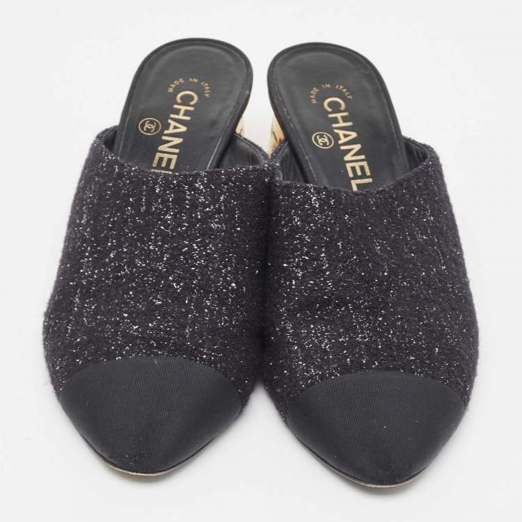 Pre Owned Chanel Black Tweed and Fabric Cap Toe Block Heel Mules Size 38