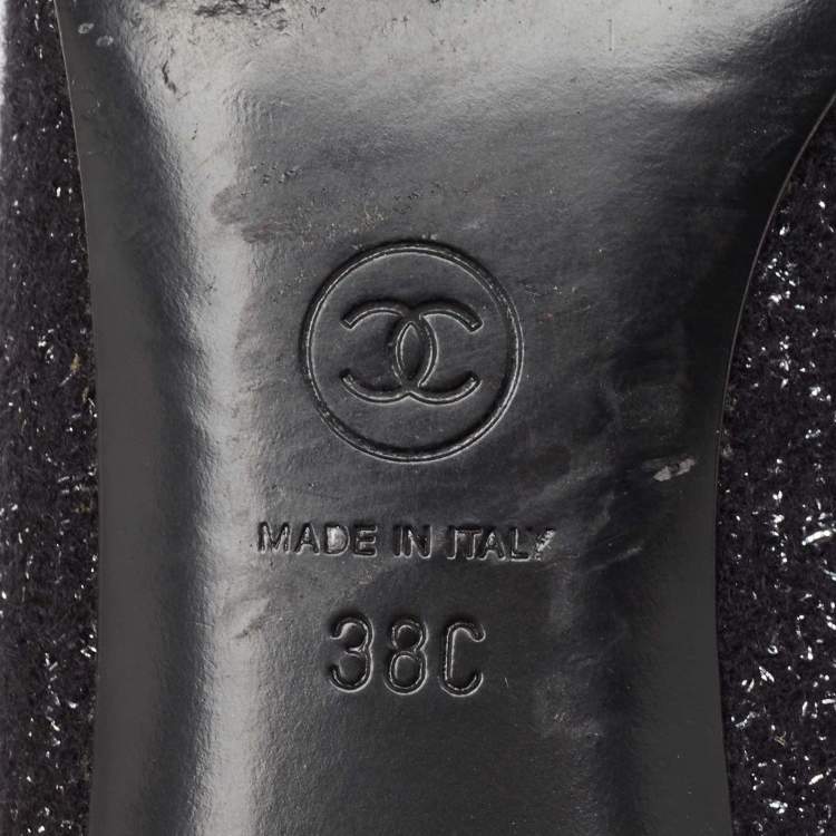 Pre Owned Chanel Black Tweed and Fabric Cap Toe Block Heel Mules Size 38