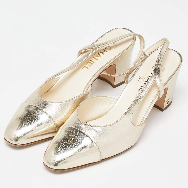 Chanel Gold Leather Cap Toe Block Heel Slingback Sandals Size 39.5