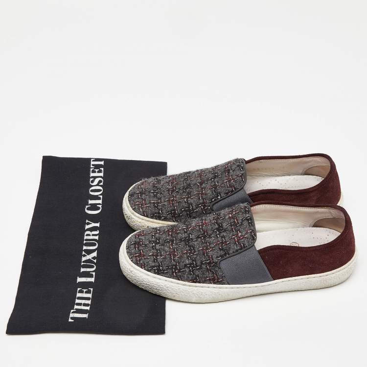Pre Owned Chanel Tri Color Tweed and Suede Slip On Sneakers Size 36