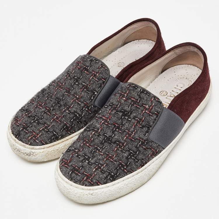 Pre Owned Chanel Tri Color Tweed and Suede Slip On Sneakers Size 36