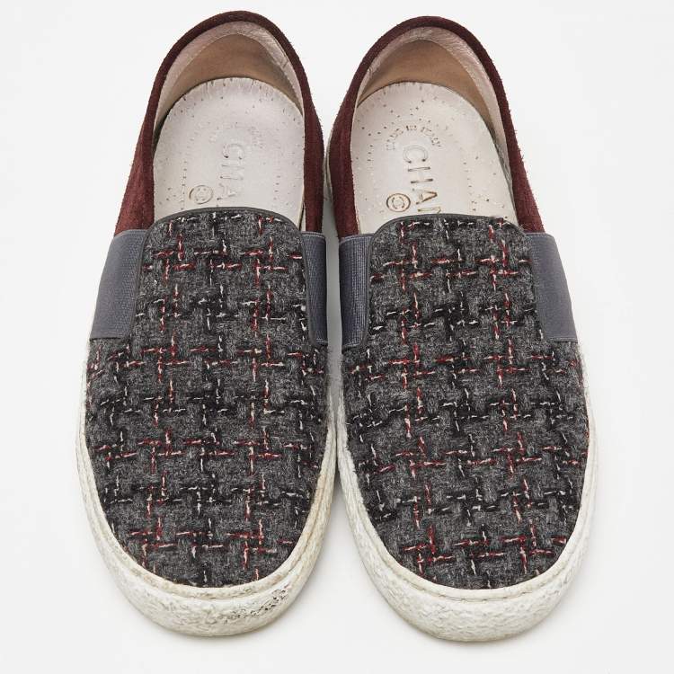Pre Owned Chanel Tri Color Tweed and Suede Slip On Sneakers Size 36