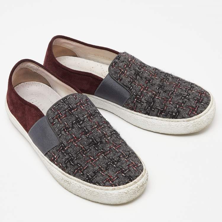 Pre Owned Chanel Tri Color Tweed and Suede Slip On Sneakers Size 36