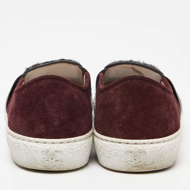Pre Owned Chanel Tri Color Tweed and Suede Slip On Sneakers Size 36