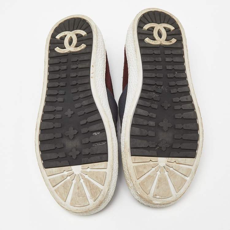 Pre Owned Chanel Tri Color Tweed and Suede Slip On Sneakers Size 36