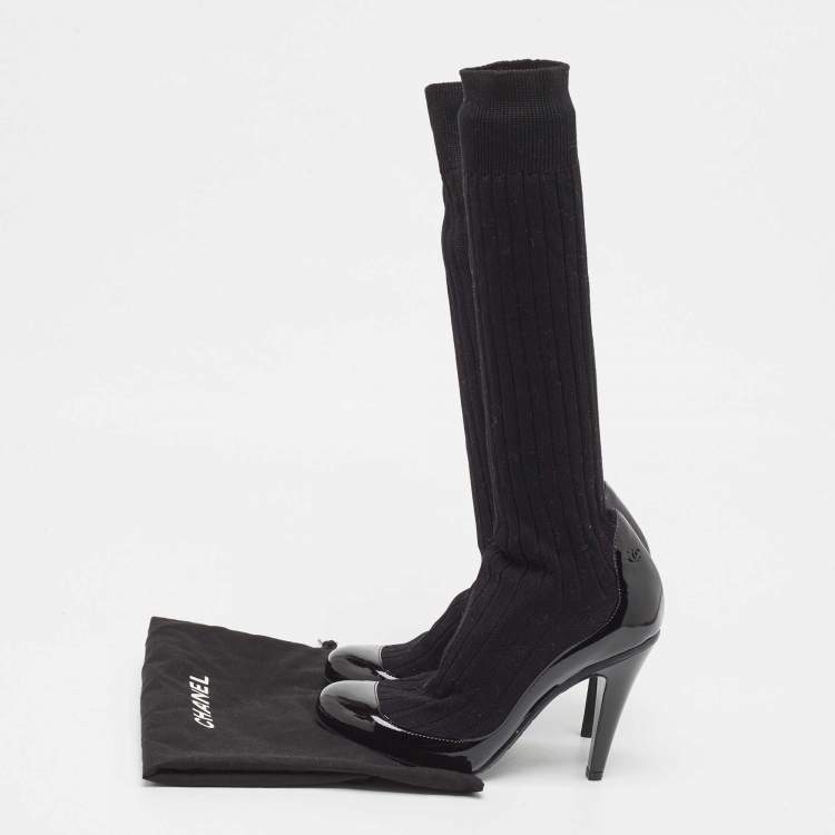 Pre Owned Chanel Black Patent Leather and Knit Fabric Sock Pumps Size 35