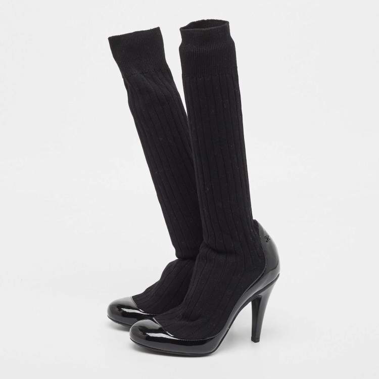 Pre Owned Chanel Black Patent Leather and Knit Fabric Sock Pumps Size 35