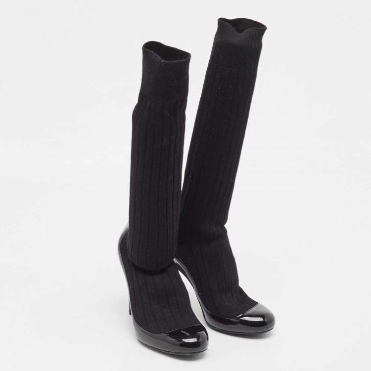Pre Owned Chanel Black Patent Leather and Knit Fabric Sock Pumps Size 35