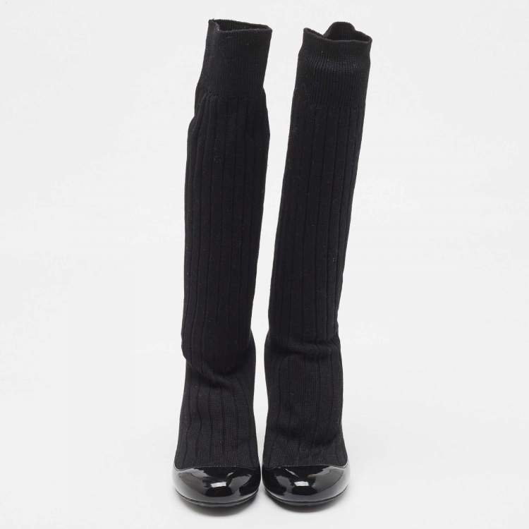 Pre Owned Chanel Black Patent Leather and Knit Fabric Sock Pumps Size 35