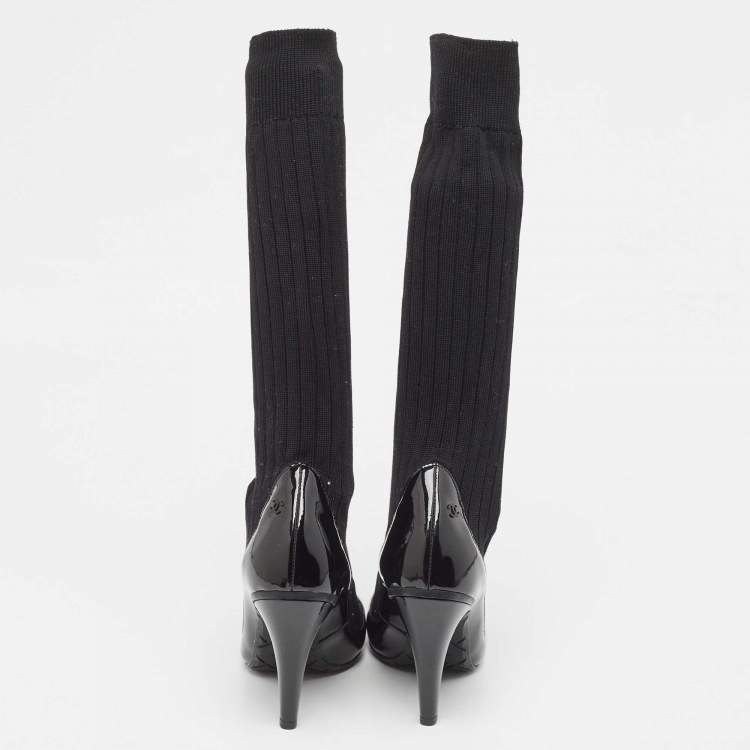 Pre Owned Chanel Black Patent Leather and Knit Fabric Sock Pumps Size 35