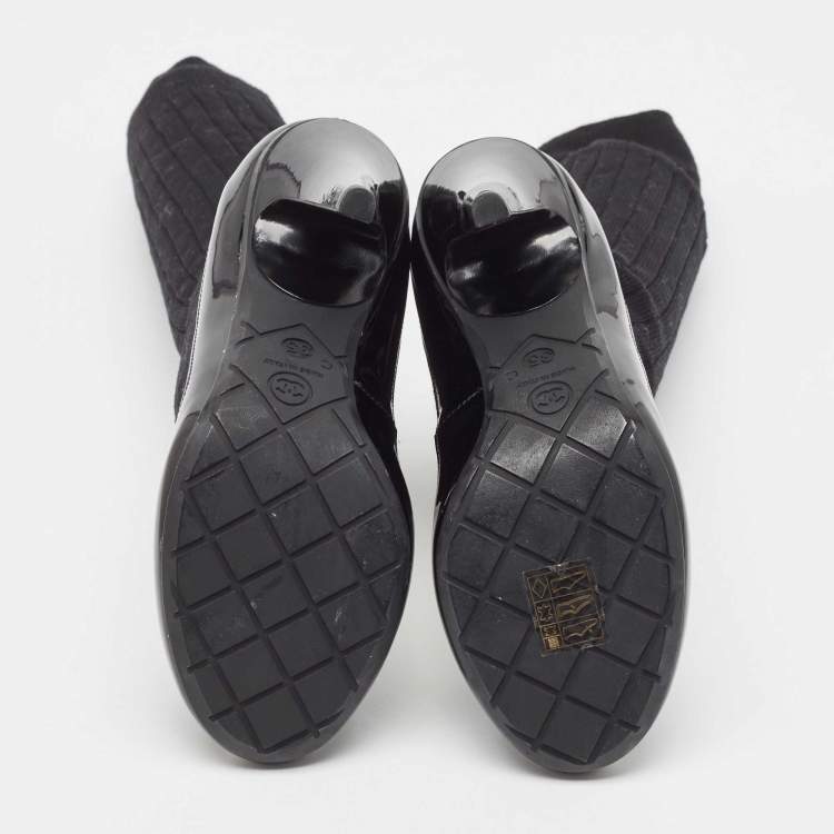 Pre Owned Chanel Black Patent Leather and Knit Fabric Sock Pumps Size 35