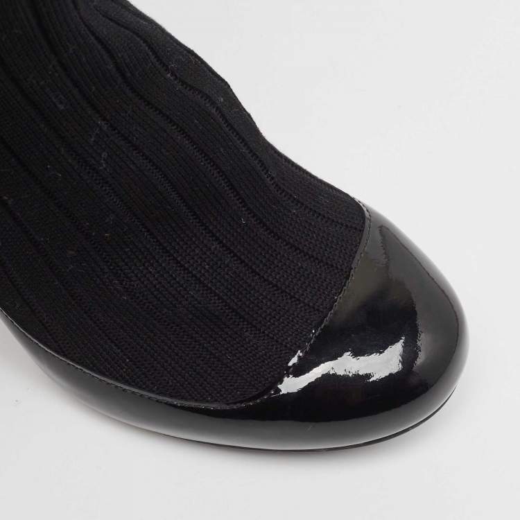 Pre Owned Chanel Black Patent Leather and Knit Fabric Sock Pumps Size 35