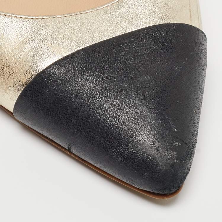 Pre Owned Chanel Gold/Black Leather Cap Toe Slingback Pumps Size 38.5