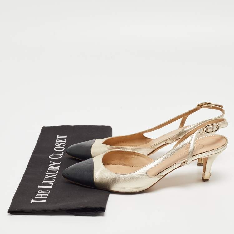 Pre Owned Chanel Gold/Black Leather Cap Toe Slingback Pumps Size 38.5