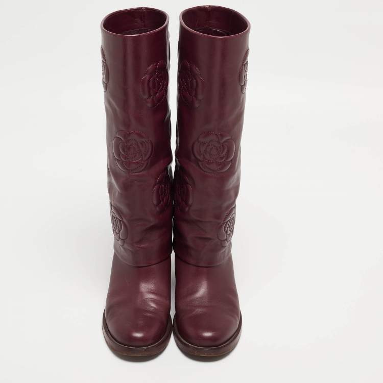 Pre Owned Chanel Purple Leather Knee Length Boots Size 39.5