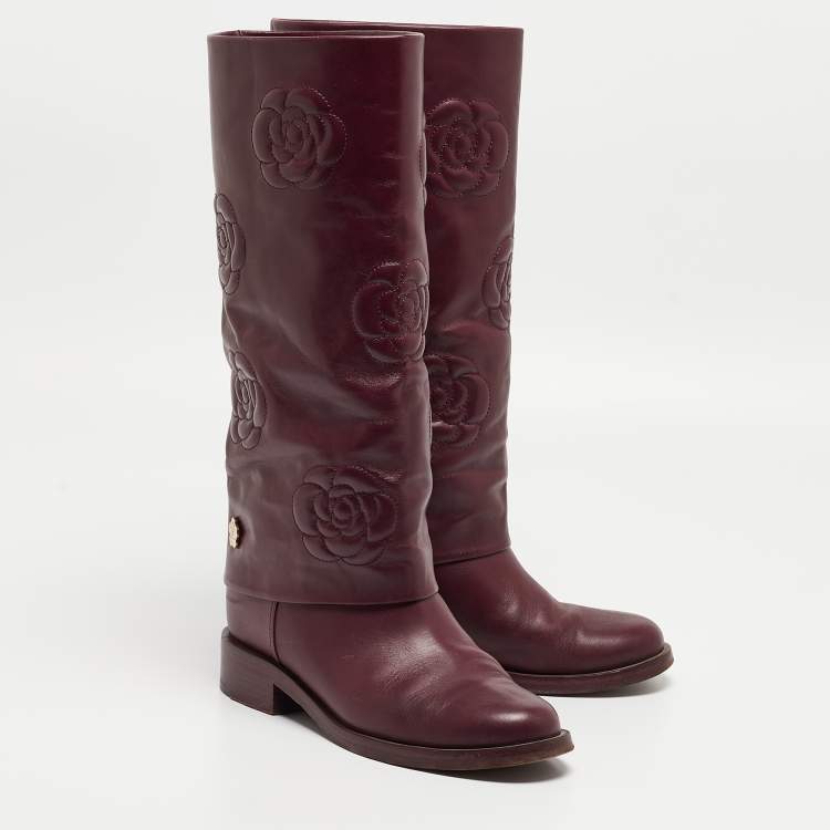 Pre Owned Chanel Purple Leather Knee Length Boots Size 39.5
