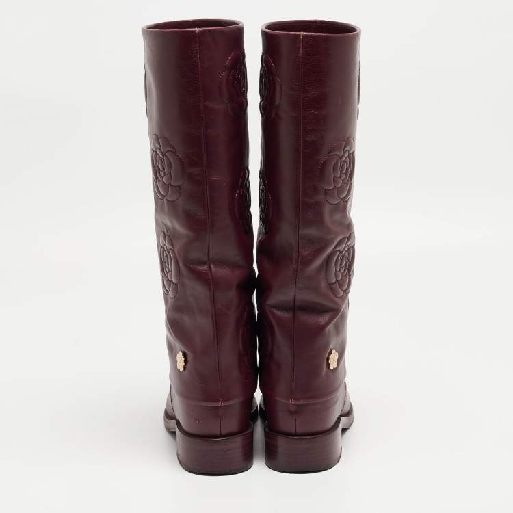 Pre Owned Chanel Purple Leather Knee Length Boots Size 39.5