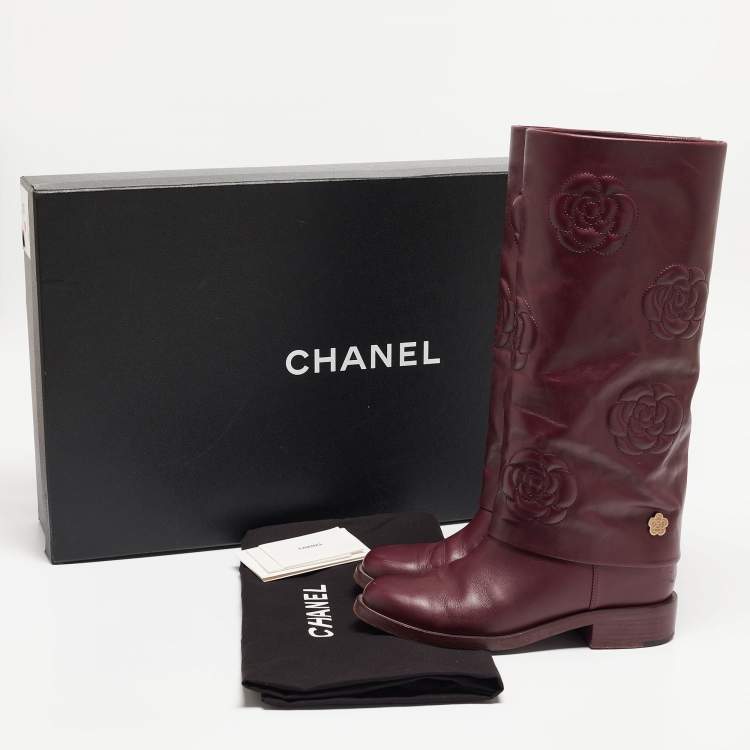 Pre Owned Chanel Purple Leather Knee Length Boots Size 39.5