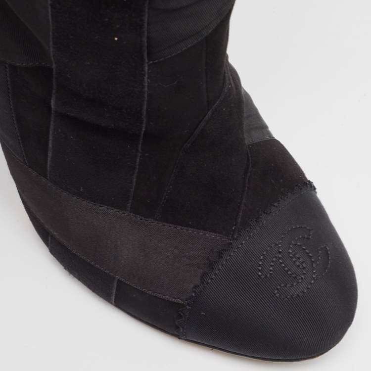 Pre Owned Chanel Black Suede and Grosgrain CC Cap Toe Knee Length Boots Size 39