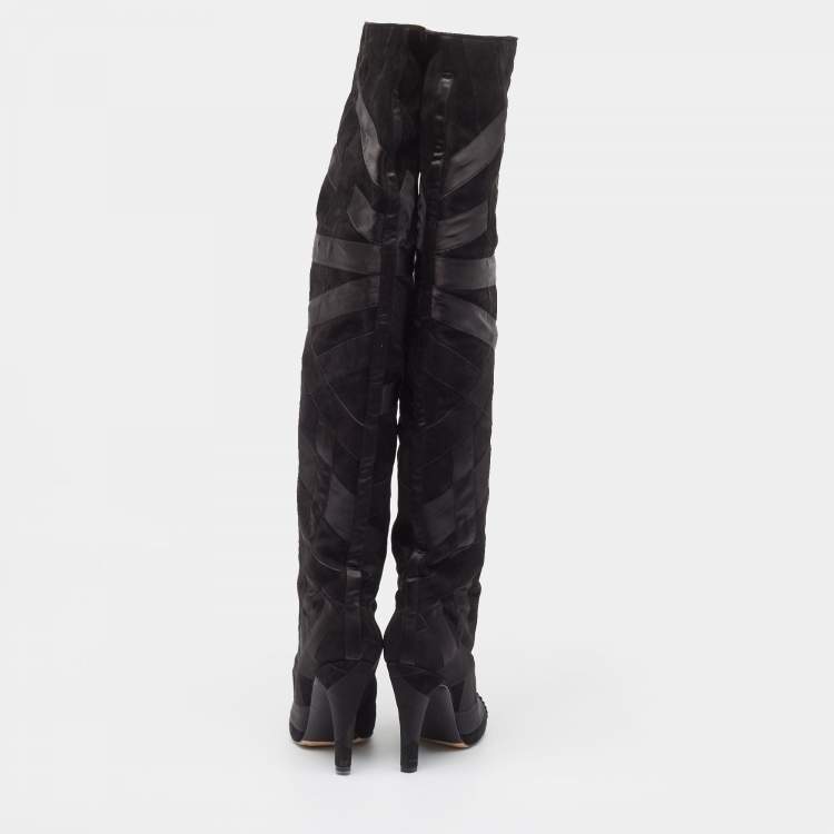 Pre Owned Chanel Black Suede and Grosgrain CC Cap Toe Knee Length Boots Size 39