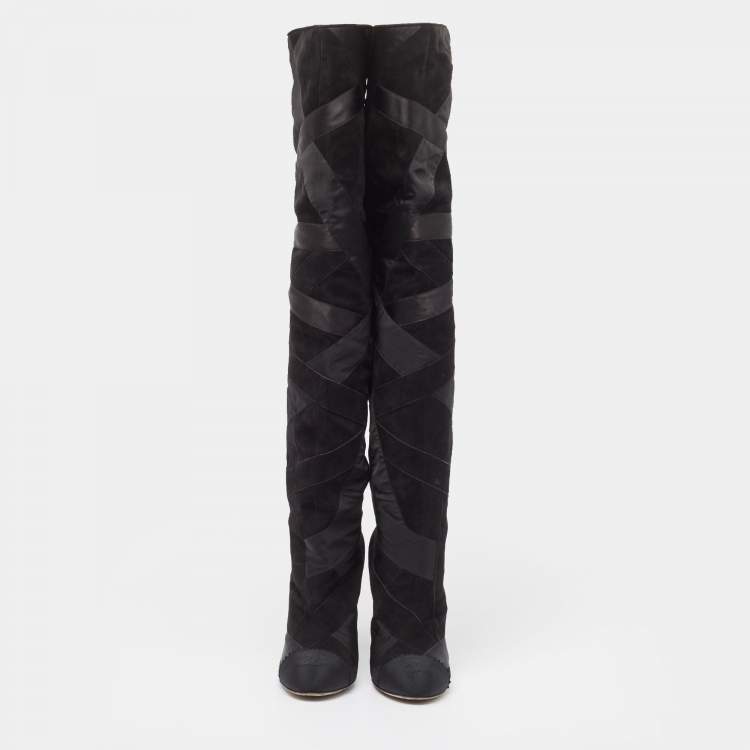 Pre Owned Chanel Black Suede and Grosgrain CC Cap Toe Knee Length Boots Size 39