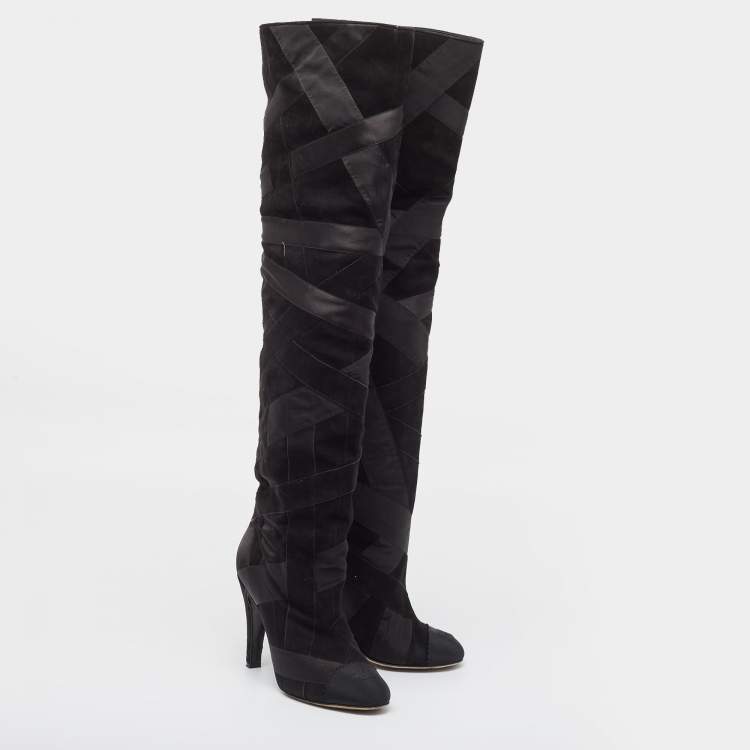 Pre Owned Chanel Black Suede and Grosgrain CC Cap Toe Knee Length Boots Size 39