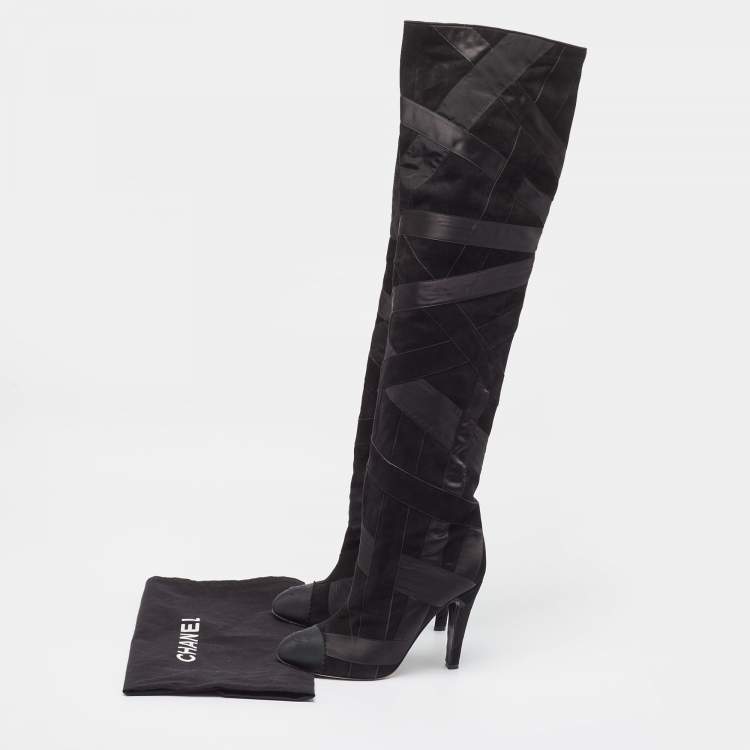 Pre Owned Chanel Black Suede and Grosgrain CC Cap Toe Knee Length Boots Size 39