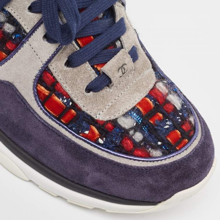 Pre Owned Chanel Multicolor Tweed and Suede CC Low Top Sneakers Size 39