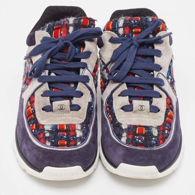 Pre Owned Chanel Multicolor Tweed and Suede CC Low Top Sneakers Size 39