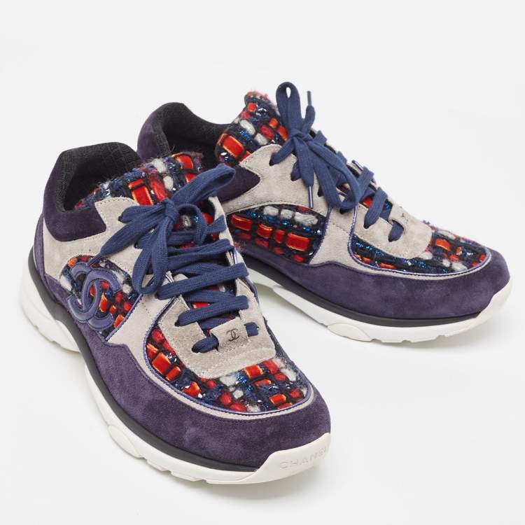 Pre Owned Chanel Multicolor Tweed and Suede CC Low Top Sneakers Size 39