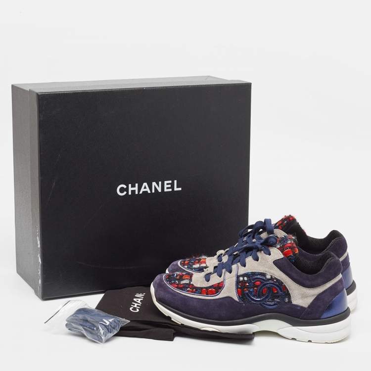 Pre Owned Chanel Multicolor Tweed and Suede CC Low Top Sneakers Size 39