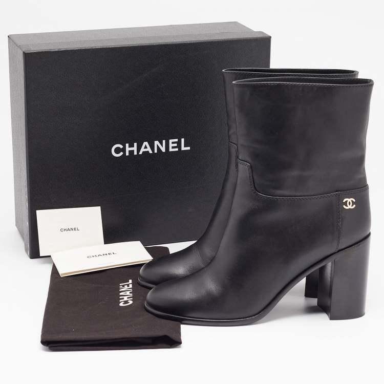 Pre Owned Chanel Black Leather CC Ankle Boots Size 39