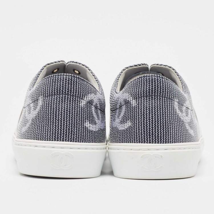 Pre Owned Chanel Navy Blue/White Leather CC Embroidered Slip on Sneakers Size 39