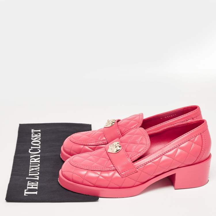 Pre Owned Chanel Pink Quilted Leather CC Block Heel Loafers Size 40