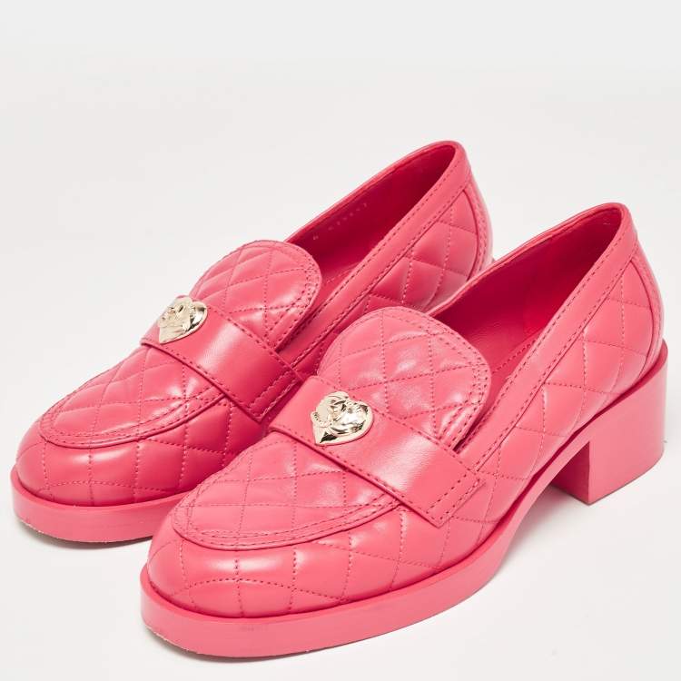 Pre Owned Chanel Pink Quilted Leather CC Block Heel Loafers Size 40