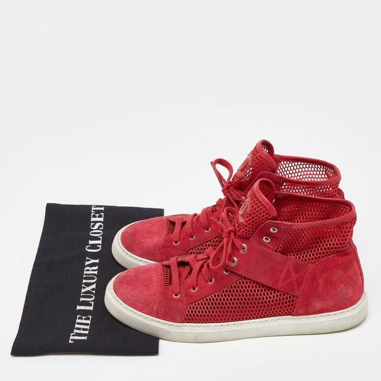 Pre Owned Chanel Red Suede and Mesh High Top Sneakers Size 41.5
