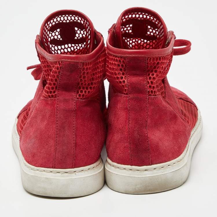Pre Owned Chanel Red Suede and Mesh High Top Sneakers Size 41.5