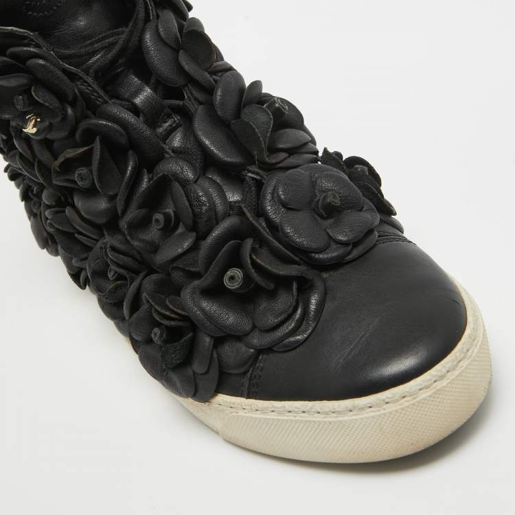 Pre Owned Chanel Black Leather Camelia High Top Sneakers Size 38.5