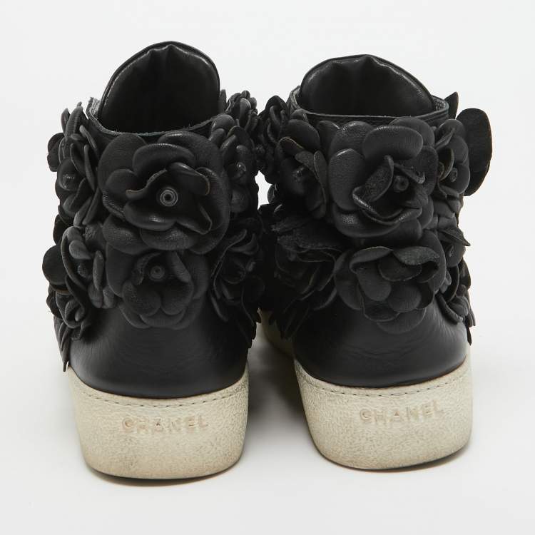 Pre Owned Chanel Black Leather Camelia High Top Sneakers Size 38.5