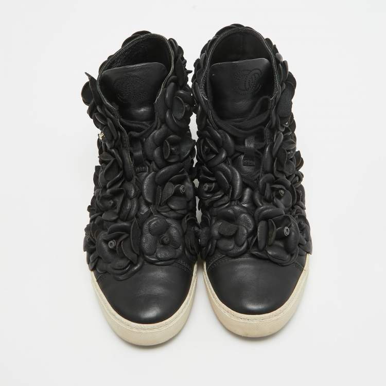 Pre Owned Chanel Black Leather Camelia High Top Sneakers Size 38.5