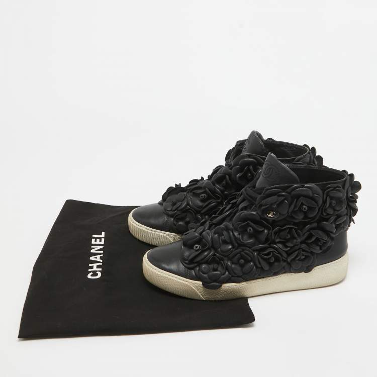 Pre Owned Chanel Black Leather Camelia High Top Sneakers Size 38.5