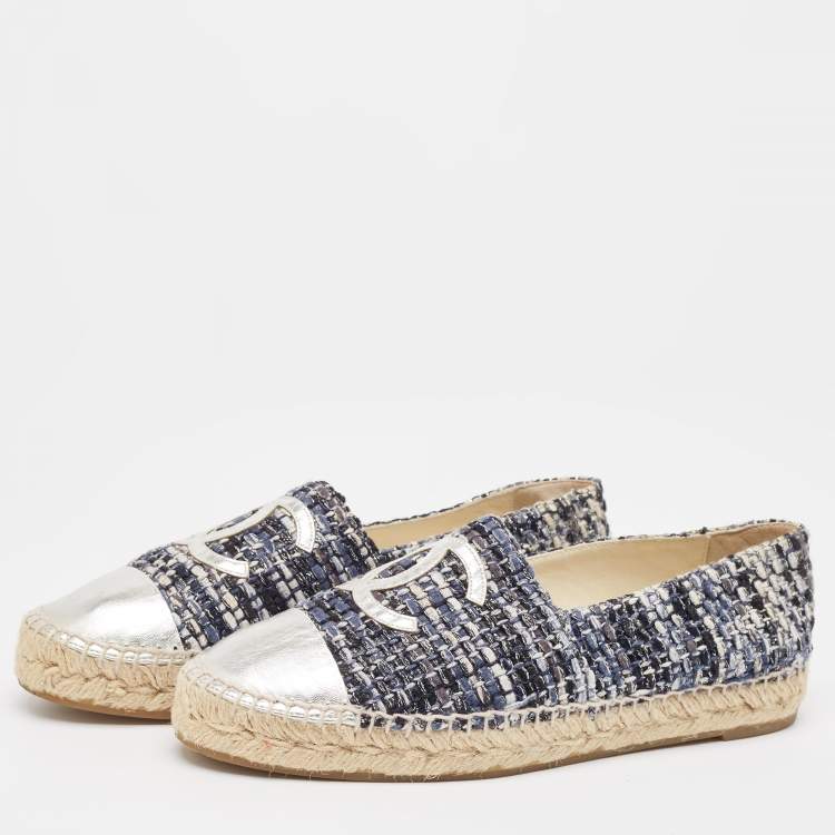 Pre Owned Chanel Multicolor Tweed and Leather  CC  Cap Toe Espadrille Flats Size 39