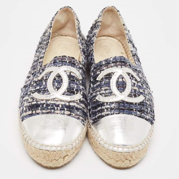Pre Owned Chanel Multicolor Tweed and Leather  CC  Cap Toe Espadrille Flats Size 39